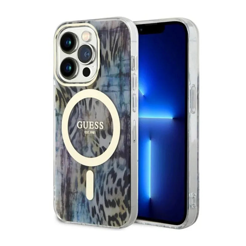 Guess Leopard MagSafe – dėklas iPhone 14 Pro (mėlynas)