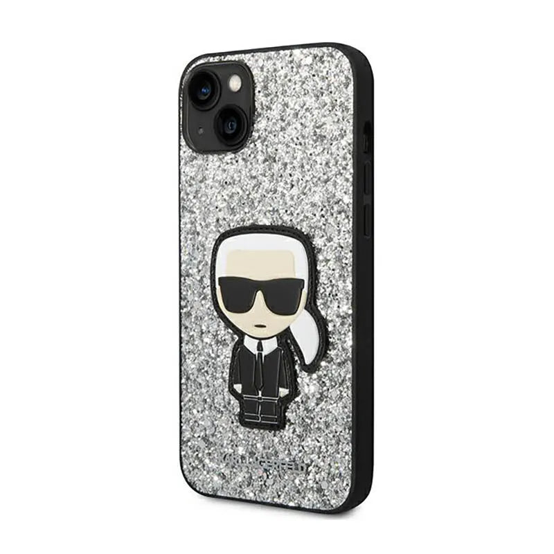 Karl Lagerfeld Glitter Flakes Ikonik – dėklas, skirtas iPhone 14 Plus (sidabrinis)