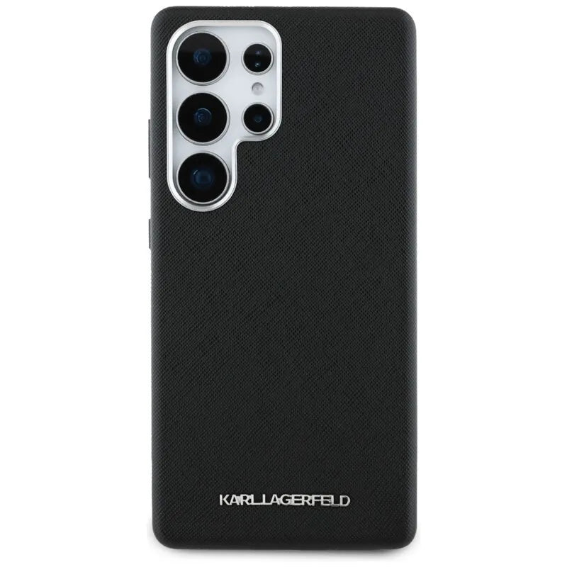 Karl Lagerfeld Saffiano Full Wrapped Elongated Metal Logo MagSafe dėklas Samsung Galaxy S25 Ultra telefonui (juodas)