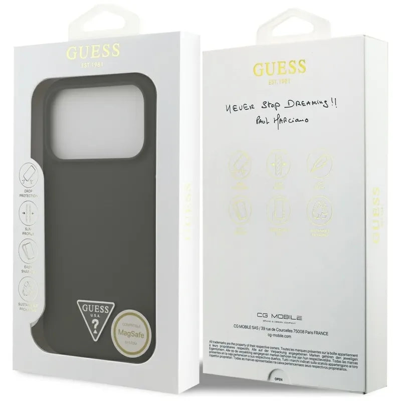 Guess Silicone Triangle Logo MagSafe dėklas iPhone 17 Pro (chaki spalvos)
