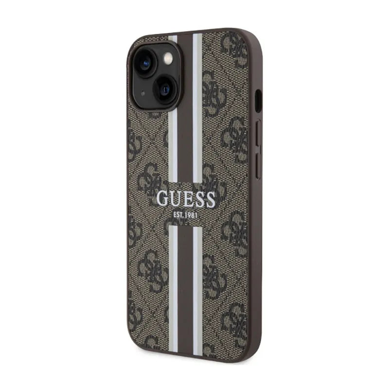 Guess 4G Printed Stripes MagSafe – Dėklas, skirtas iPhone 14 Plus (rudas)