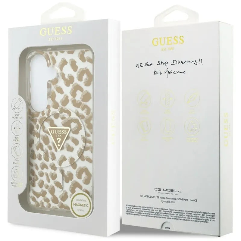 Guess IML Leopard Print Triangle MagSafe – Samsung Galaxy S26 dėklas (rudas)