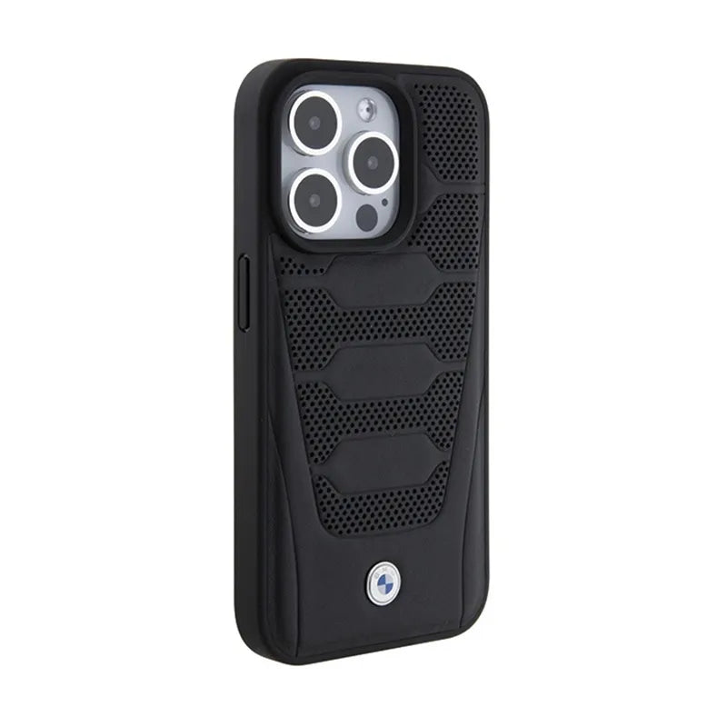 BMW odos sėdynių rašto dėklas, skirtas iPhone 15 Pro Max (juodas)