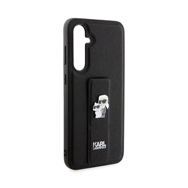 Karl Lagerfeld Gripstand Saffiano Karl & Choupette Pins – dėklas Samsung Galaxy S23 FE (juodas)