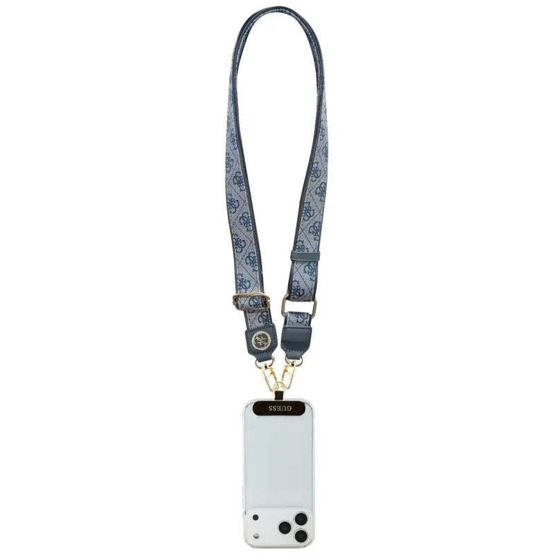 Guess Universal Crossbody Strap 4G Tether Patch Strass Metal Logo – universalus telefono dirželis / virvelė (mėlynas)