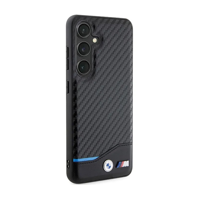 BMW Leather Carbon Blue Line – dėklas Samsung Galaxy S24 (juodas)
