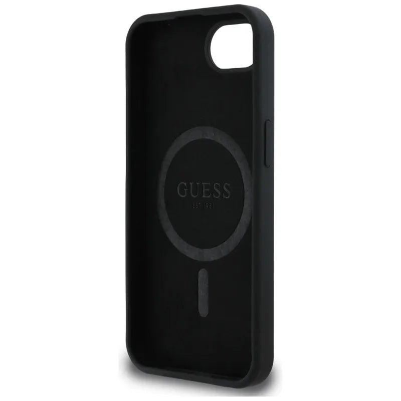 Guess Silicone Script Metal Logo MagSafe – Dėklas, skirtas iPhone 16e (juodas)