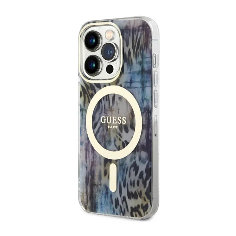 Guess Leopard MagSafe – dėklas iPhone 14 Pro (mėlynas)