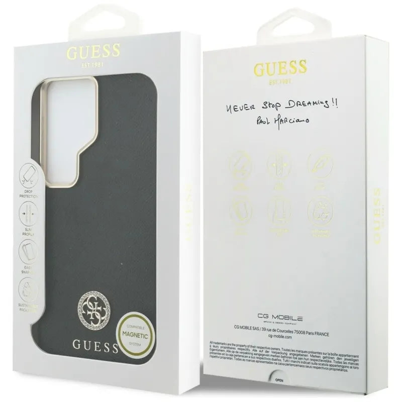 Guess Rhinestone Round Logo MagSafe – dėklas Samsung Galaxy S26 Ultra (juodas)