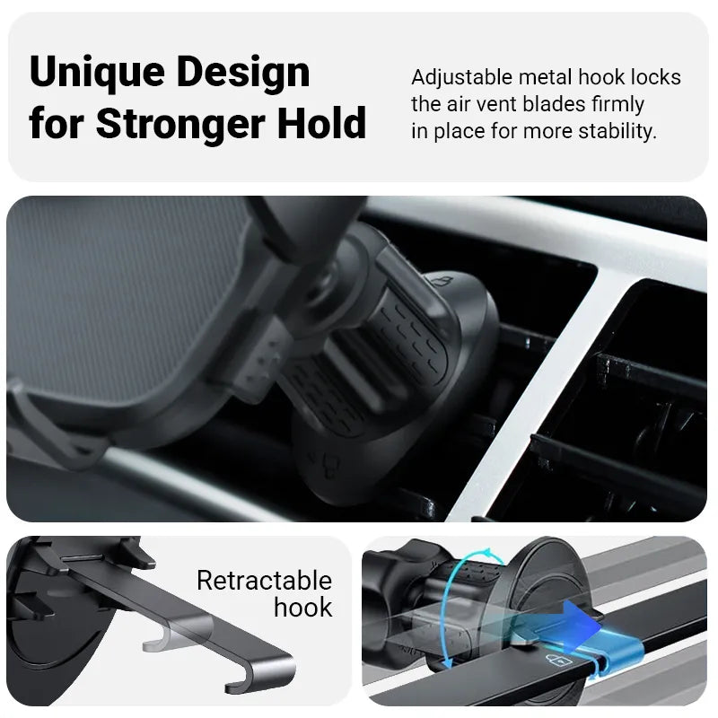 Crong Carclip Air Vent – universalus automobilinis telefono laikiklis į ventiliacijos groteles (juodas)