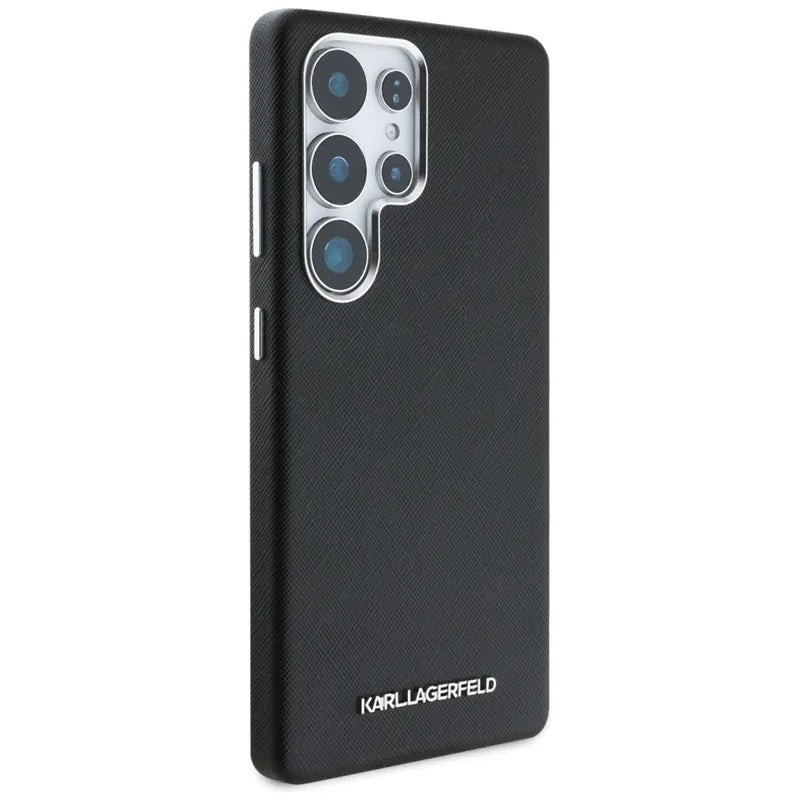 Karl Lagerfeld Saffiano Full Wrapped Elongated Metal Logo MagSafe dėklas Samsung Galaxy S25 Ultra telefonui (juodas)
