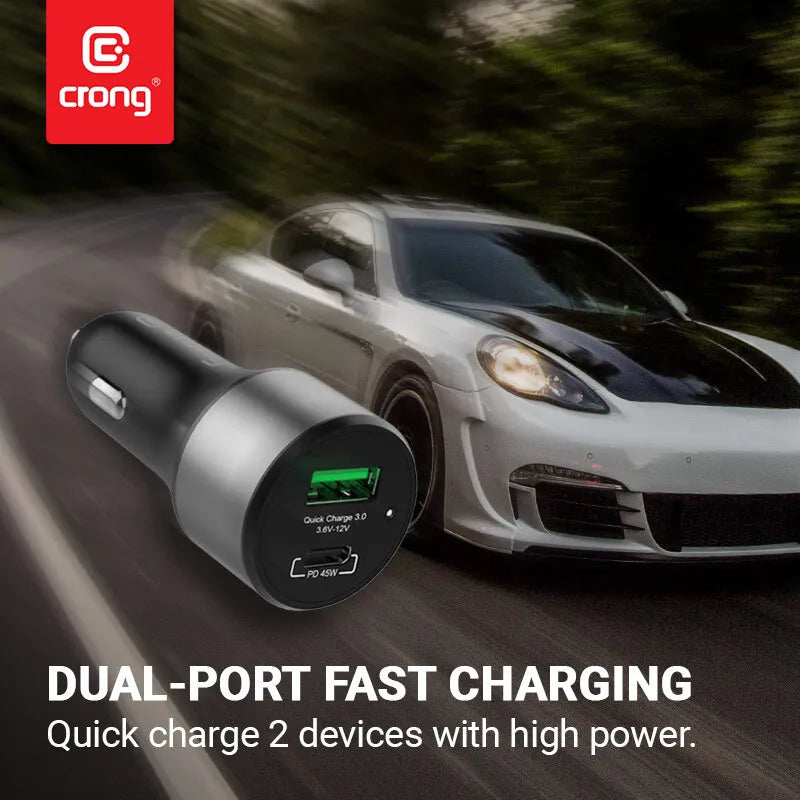 Crong automobilinis įkroviklis 63 W – USB-C PD 45 W automobilinis įkroviklis + USB QC 3.0 18 W (juodas)