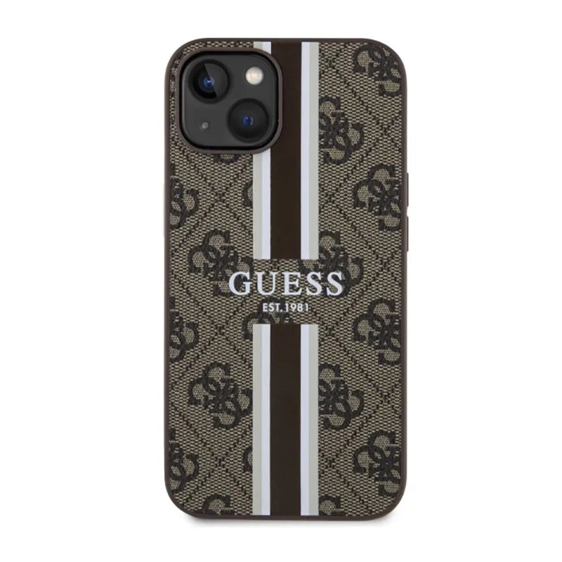 Guess 4G Printed Stripes MagSafe – Dėklas, skirtas iPhone 14 Plus (rudas)
