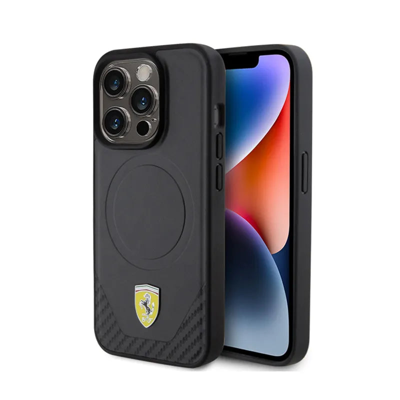 Ferrari Carbon Metal Logo MagSafe – dėklas iPhone 15 Pro (juodas)