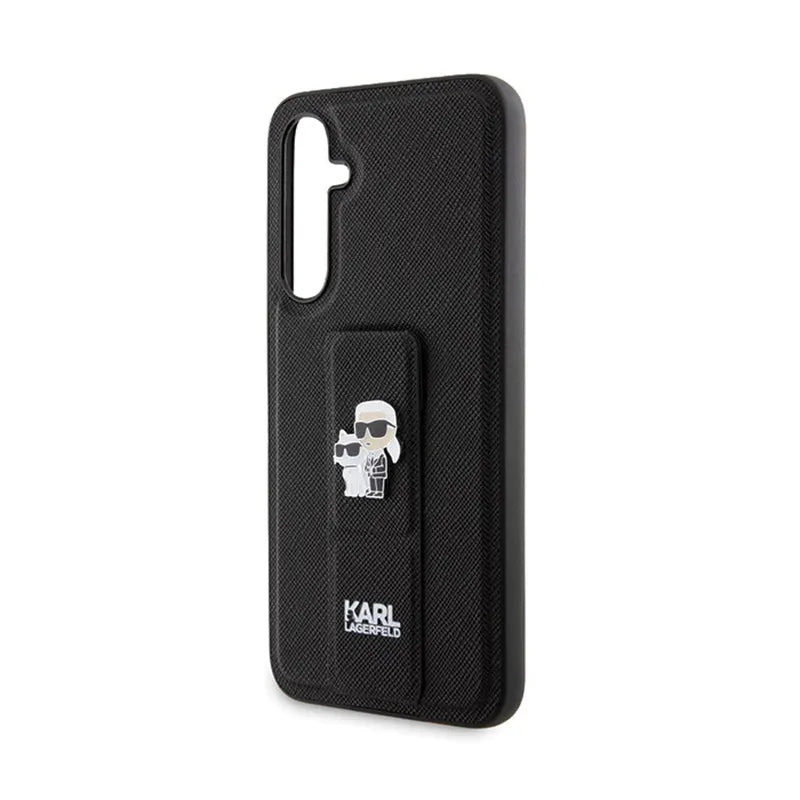 Karl Lagerfeld Gripstand Saffiano Karl & Choupette Pins – dėklas Samsung Galaxy S23 FE (juodas)