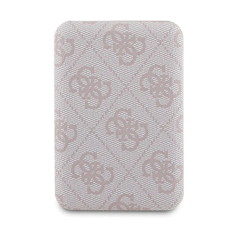 Guess rinkinys MagSafe 4G Metal Gold Logo – dėklas + 5000mAh MagSafe maitinimo bankas, skirtas iPhone 14 Pro (rožinis)