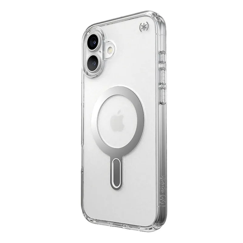 Speck Presidio Perfect-Clear ClickLock & MagSafe – iPhone 16 Plus dėklas (skaidrus / chromuota apdaila / Serene Silver)