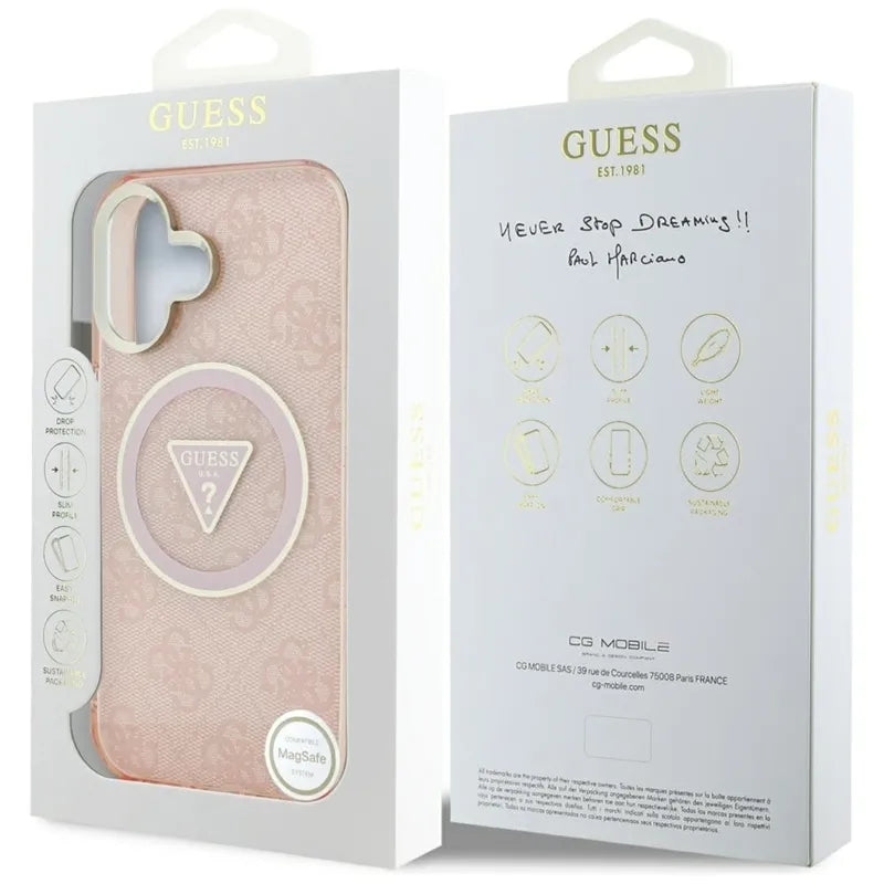 Guess IML Metal Glitter 4G Circle Triangle MagSafe – dėklas iPhone 16 (rožinis)