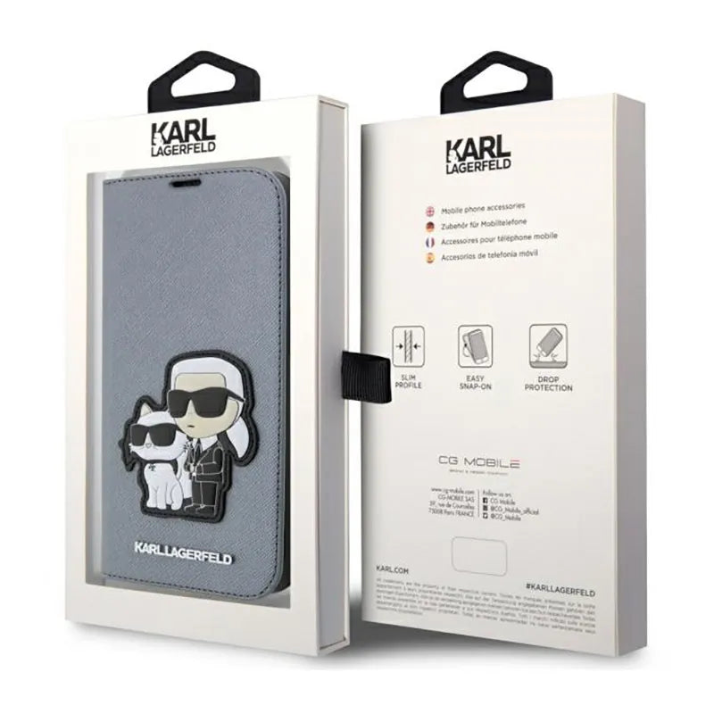 Karl Lagerfeld Booktype NFT Saffiano Karl & Choupette – Dėklas iPhone 14 Pro Max (sidabrinis)