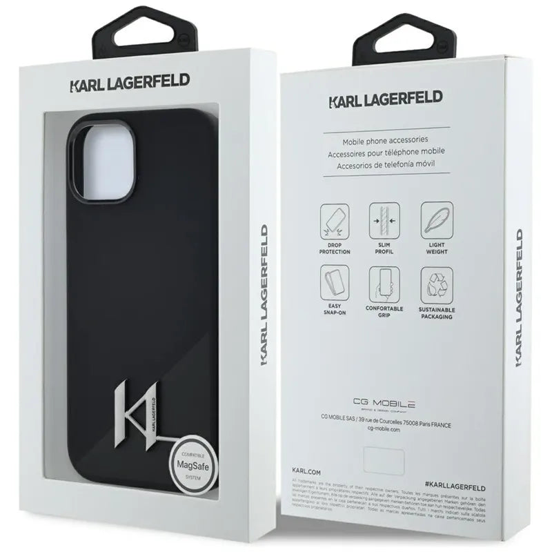 Karl Lagerfeld Silicone Shadow Metal Initial MagSafe – dėklas iPhone 15 (juodas)