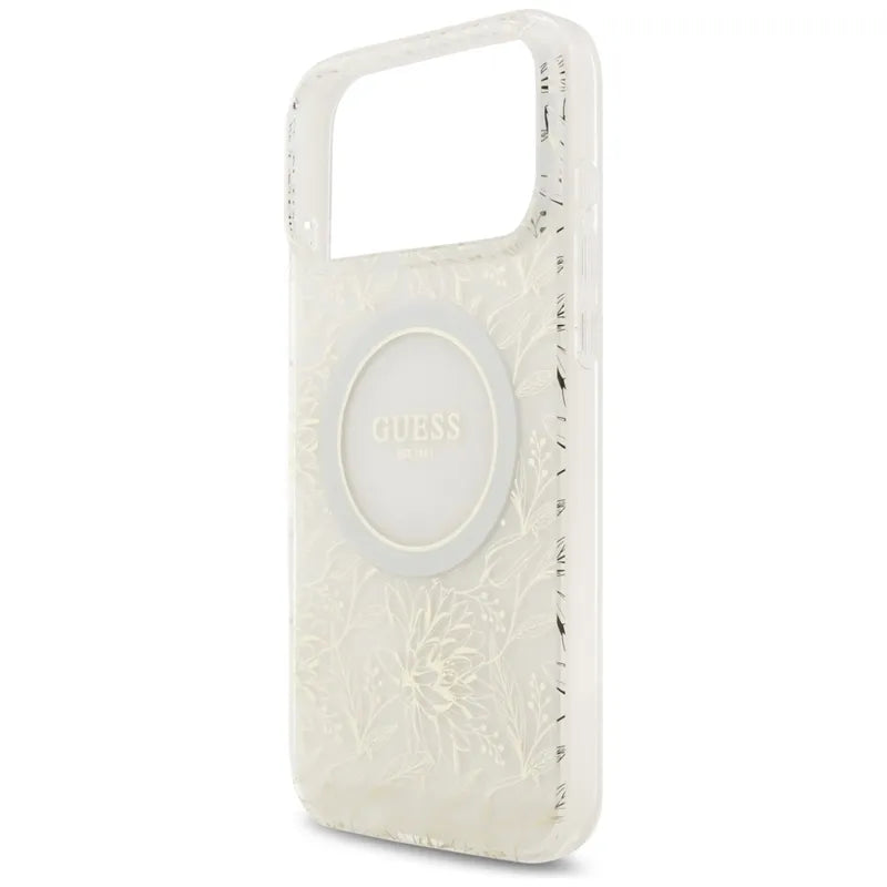 Guess IML Flowers Electro Pearl Strap MagSafe – Dėklas iPhone 17 Pro Max (baltas)