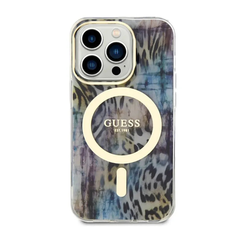 Guess Leopard MagSafe – dėklas iPhone 14 Pro (mėlynas)