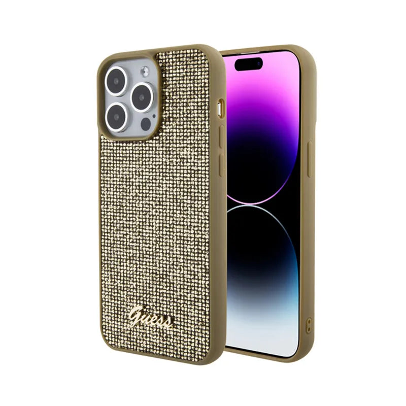 Guess Disco Metal Script – dėklas „iPhone 15 Pro Max“ (auksinis)