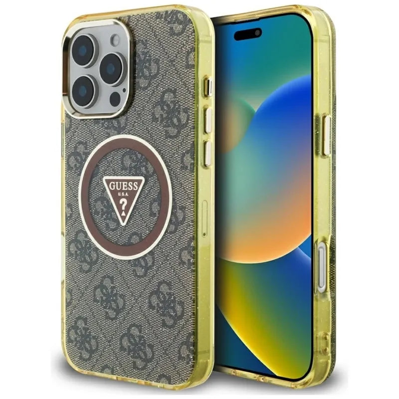 Guess IML Metal Glitter 4G Circle Triangle MagSafe – dėklas iPhone 16 Pro (rudas)