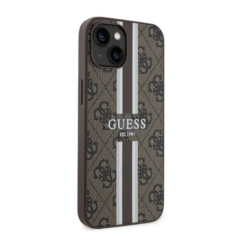 Guess 4G Printed Stripes MagSafe – Dėklas, skirtas iPhone 14 Plus (rudas)