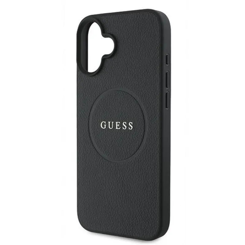 Guess Grained Ring MagSafe – Dėklas iPhone 16 Plus (juodas)