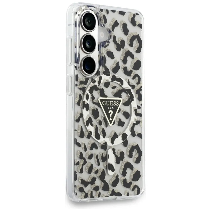 Guess IML Leopard Print Triangle MagSafe – Samsung Galaxy S26 dėklas (juodas)