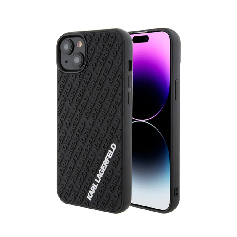 Karl Lagerfeld 3D Rubber Multi Logo dėklas, skirtas iPhone 15 Plus (juodas)