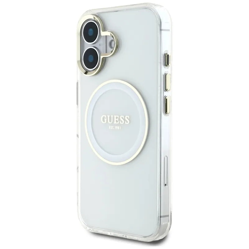 Guess IML Metal Colored Circle Classic Logo MagSafe – dėklas iPhone 16 (baltas)