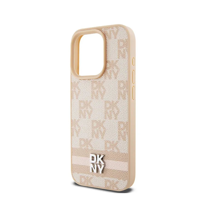 DKNY Leather Checkered Mono Pattern & Printed Stripes – iPhone 15 Pro dėklas (rožinis)
