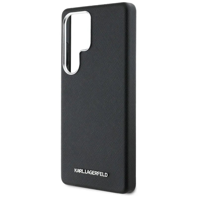 Karl Lagerfeld Saffiano Full Wrapped Elongated Metal Logo MagSafe dėklas Samsung Galaxy S25 Ultra telefonui (juodas)