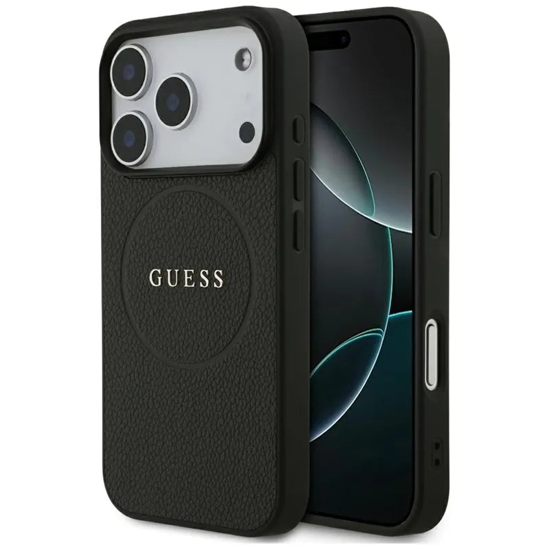 Guess Grained Ring MagSafe – Dėklas iPhone 17 Pro (juodas)