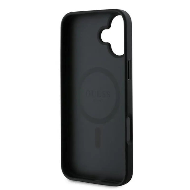 Guess Grained Ring MagSafe – Dėklas iPhone 16 Plus (juodas)