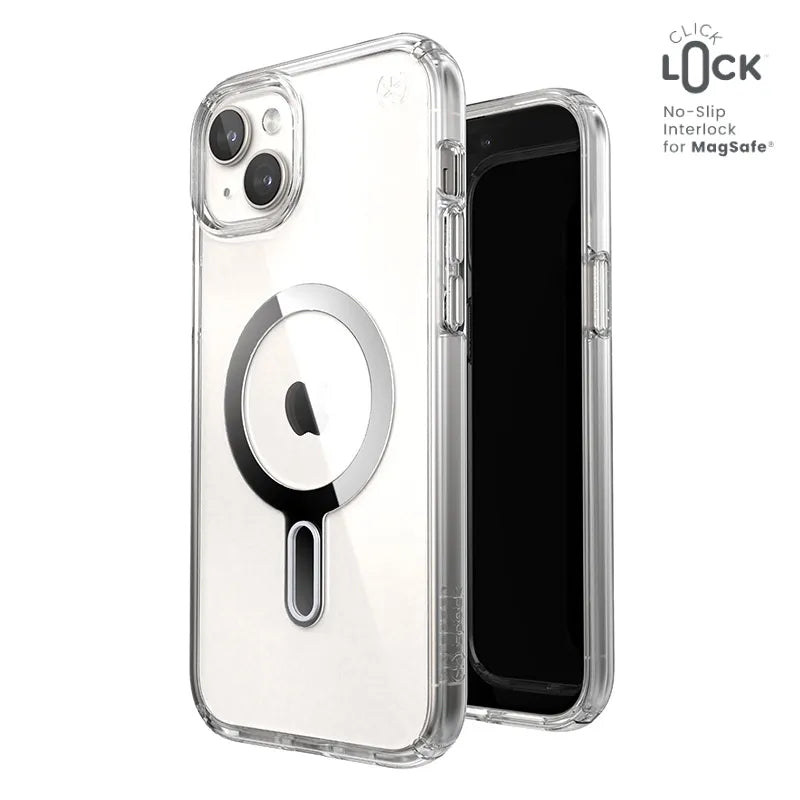 Speck Presidio Perfect-Clear ClickLock & MagSafe - dėklas iPhone 15 Plus / iPhone 14 Plus (skaidrus / chromuota apdaila / Serene Silver)