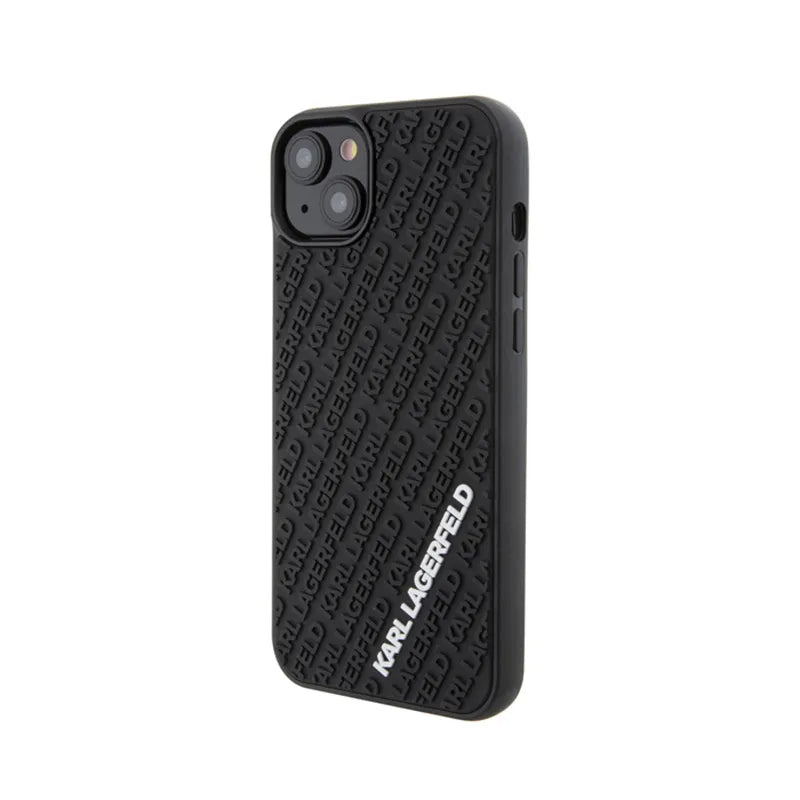 Karl Lagerfeld 3D Rubber Multi Logo dėklas, skirtas iPhone 15 Plus (juodas)