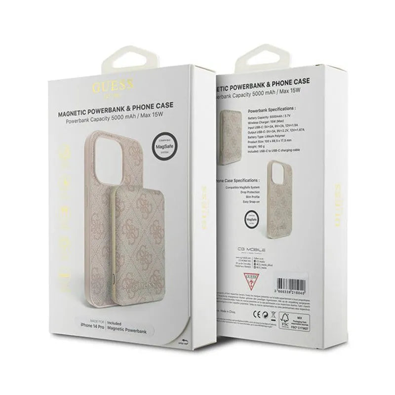 Guess rinkinys MagSafe 4G Metal Gold Logo – dėklas + 5000mAh MagSafe maitinimo bankas, skirtas iPhone 14 Pro (rožinis)