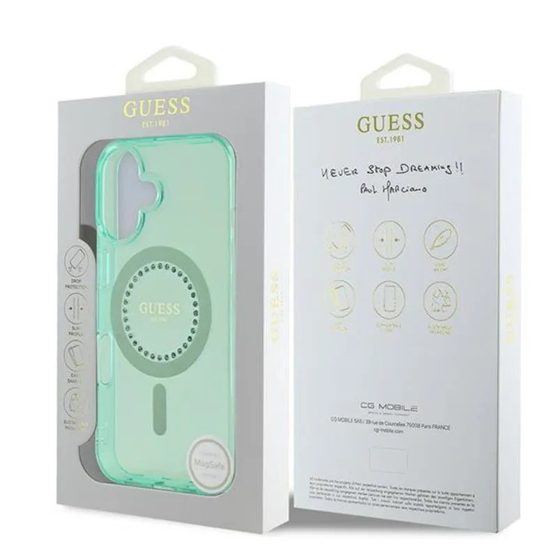 Guess IML Rhinestones MagSafe – dėklas iPhone 16 Plus (žalias)