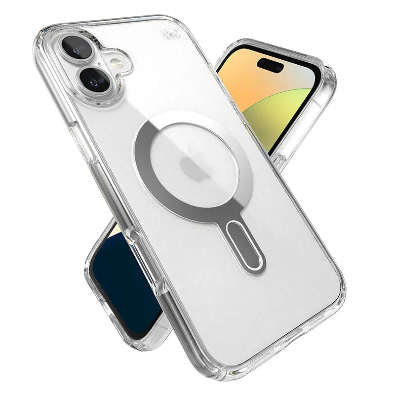 Speck Presidio Perfect-Clear ClickLock & MagSafe – iPhone 16 Plus dėklas (skaidrus / chromuota apdaila / Serene Silver)