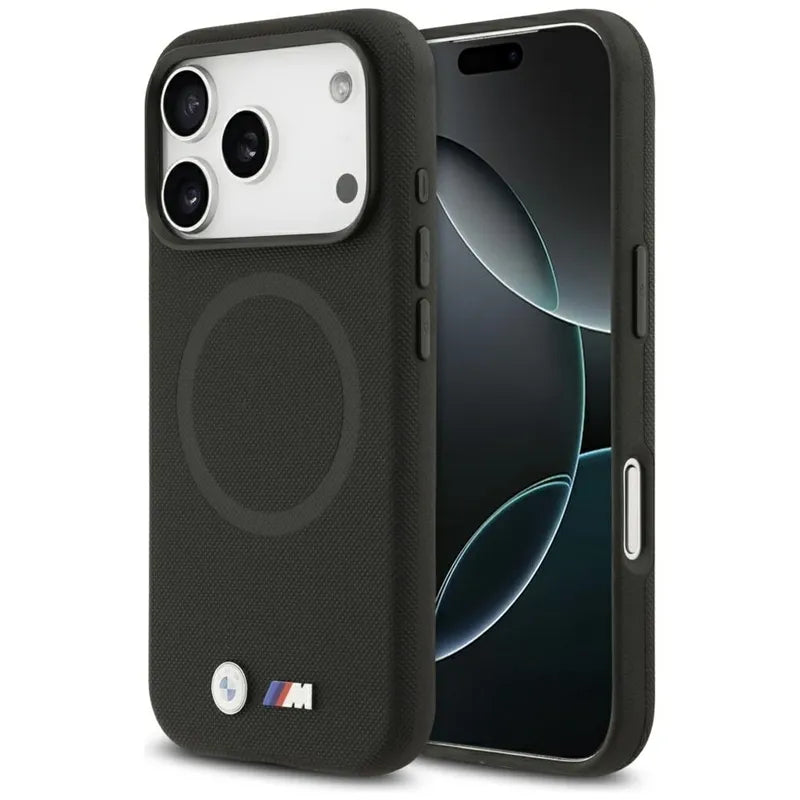 BMW M FW Metal Logo MagSafe – Dėklas iPhone 17 Pro (juodas)