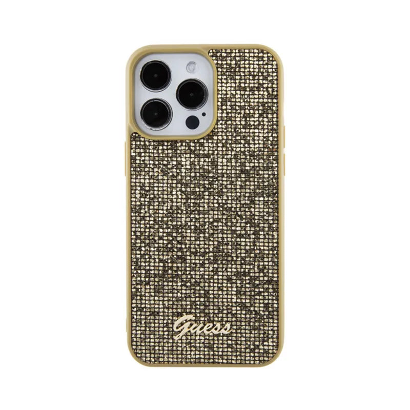 Guess Disco Metal Script – dėklas „iPhone 15 Pro Max“ (auksinis)