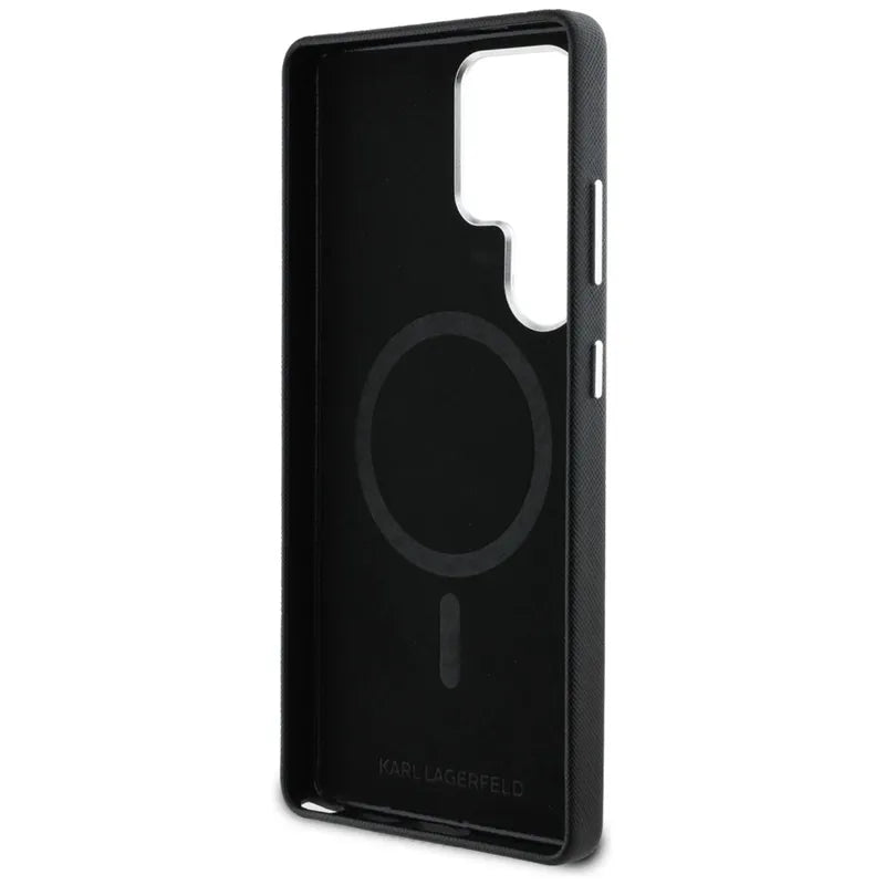 Karl Lagerfeld Saffiano Full Wrapped Elongated Metal Logo MagSafe dėklas Samsung Galaxy S25 Ultra telefonui (juodas)