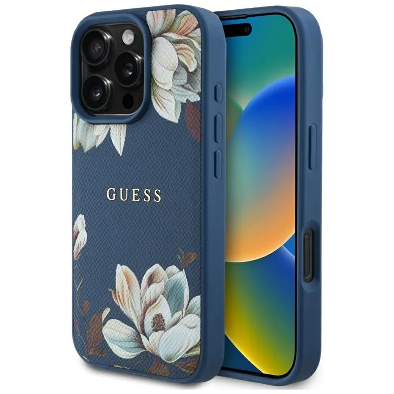 Guess Grained Printed Flower Pattern MagSafe – dėklas iPhone 16 Pro (mėlynas)