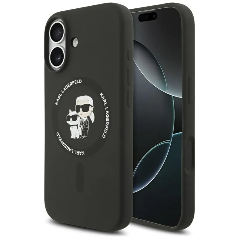 Karl Lagerfeld Silicone Karl & Choupette Ring MagSafe – dėklas iPhone 17 (juodas)