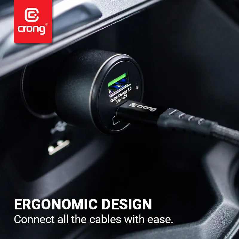 Crong automobilinis įkroviklis 63 W – USB-C PD 45 W automobilinis įkroviklis + USB QC 3.0 18 W (juodas)