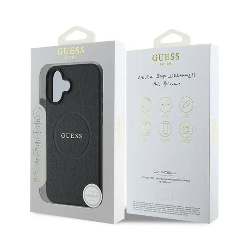 Guess Grained Ring MagSafe – Dėklas iPhone 16 Plus (juodas)