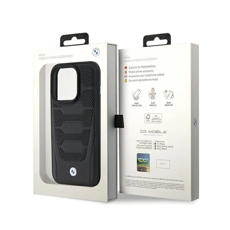 BMW odos sėdynių rašto dėklas, skirtas iPhone 15 Pro Max (juodas)